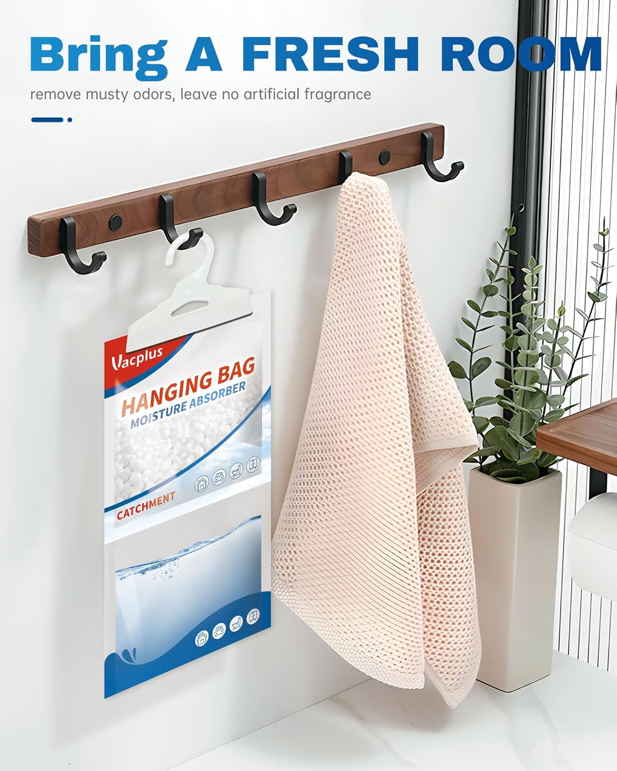 Vacplus Moisture Absorbers Packets, Fragrance Free 5 Pack, Humidity Packs, Dessicant Packets, Hanging Closet Dehumidifier Bags, Odor Eliminator for Bathroom 9.8OZ