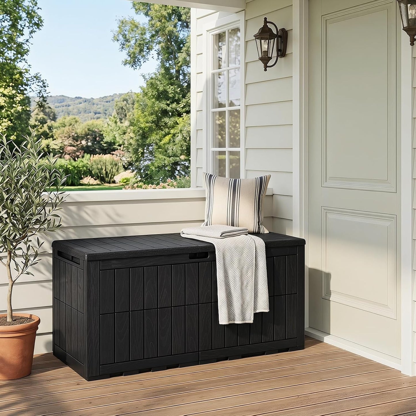 Tangkula 25 Gallon Waterproof Outdoor Storage Box with Lockable Lid | PP Resin, Wicker Patterned, Indoor Outdoor Use, Portable, Versatility, for Deck, Pool, Patio Cushions, Garden Tools