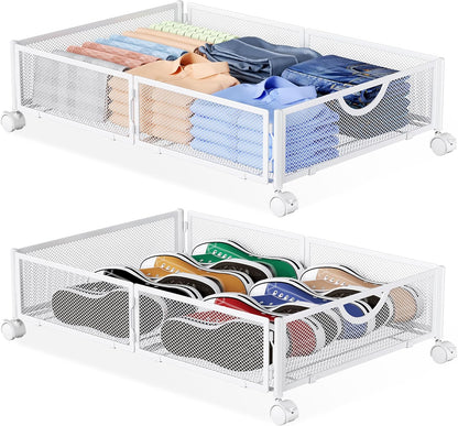 Yecaye Under Bed Storage with Wheels, 2 Pack Under Bed Shoe Storage Organizer Drawer, Tool-free Assembly Metal Underbed Storage Containers for Clothes, Shoes, Toys, Black