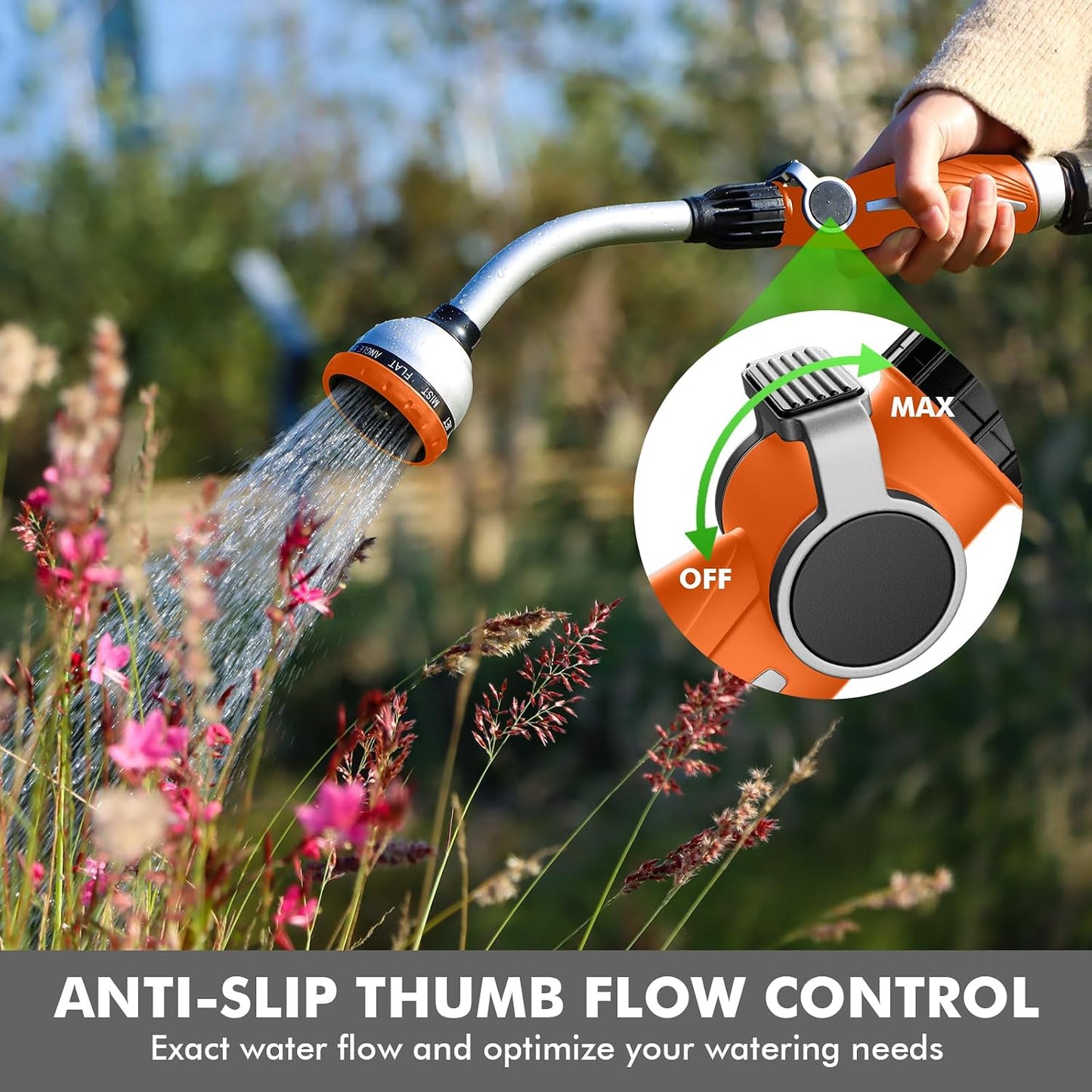 RESTMO Watering Wand Heavy Duty, Metal Garden Hose Wand with 10 Spray Patterns, 15-Inch Long Hose Nozzle Sprayer with Thumb Flow Control, Ideal to Water Hanging Baskets and Shrubs
