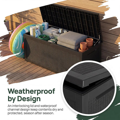 MAKINO 152 Gallon Resin Outdoor Storage Box, Waterproof Deck Box with Lockable Lid, Outside Storage Box for Patio Furniture, Pool Accessories, Garden Tools, Storage Bench for Backyard, Porch, Black