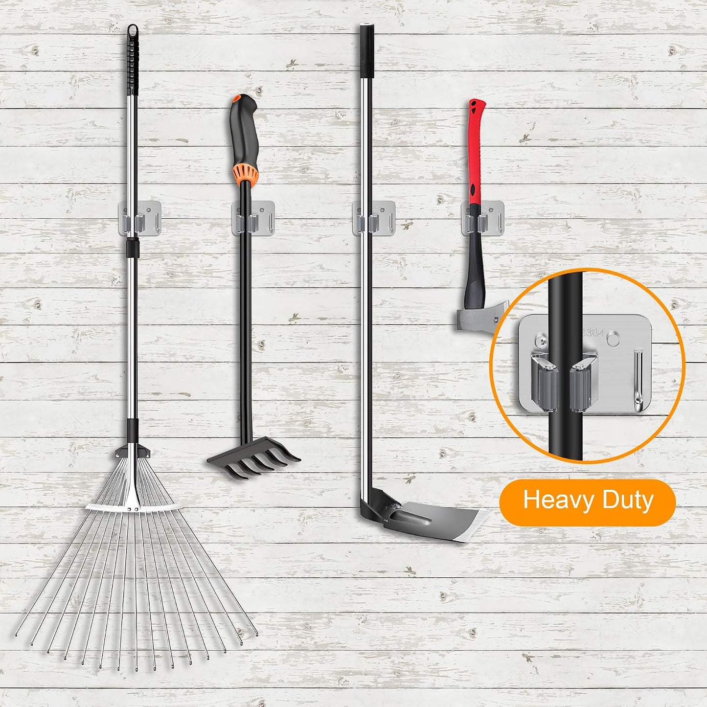 4 Pack Stainless Steel Mop and Broom Gripper with Hook, Screw Drilling or Self Adhesive Mop and Broom Holder Wall Mount, Storage Rack for Closet Laundry Garage Garden Tool Organizer, Silver