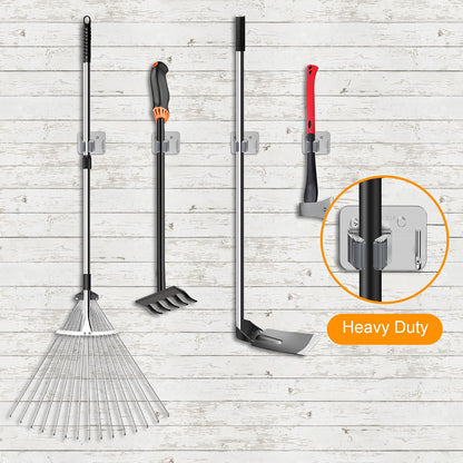 4 Pack Stainless Steel Mop and Broom Gripper with Hook, Screw Drilling or Self Adhesive Mop and Broom Holder Wall Mount, Storage Rack for Closet Laundry Garage Garden Tool Organizer, Silver