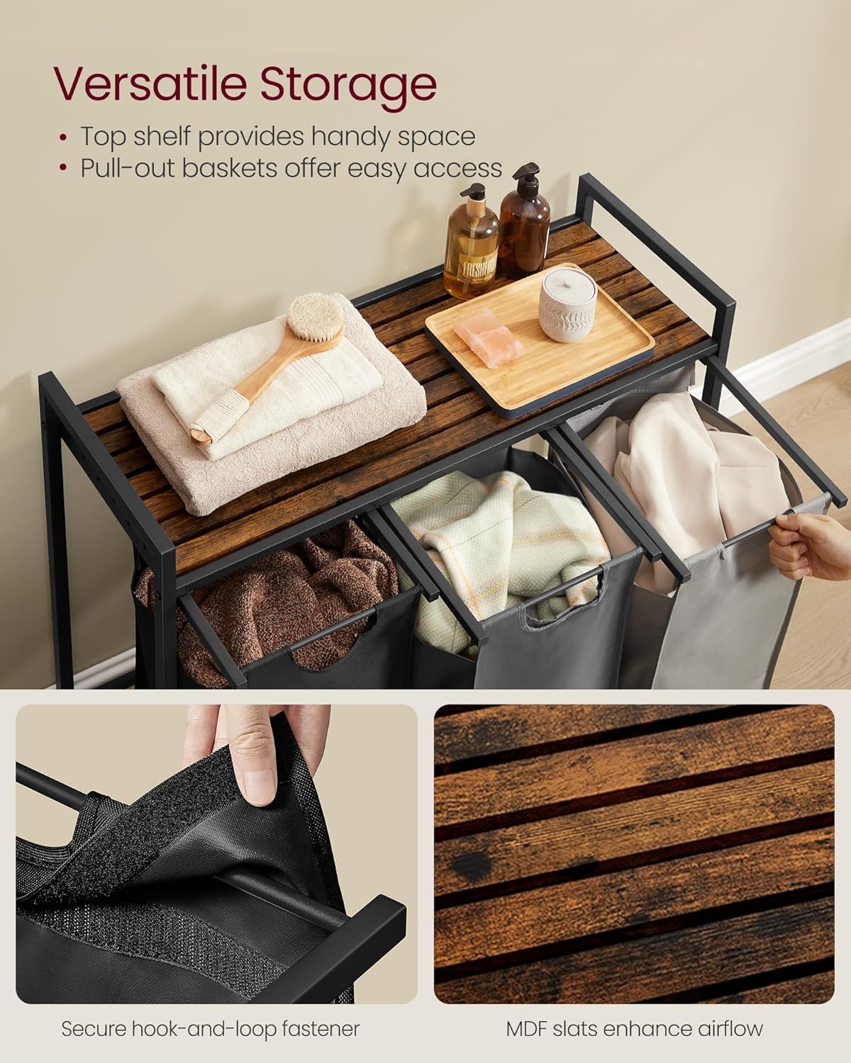 VASAGLE Laundry Hamper, Laundry Basket Sorter with 3 Pull-Out and Removable Bags, Shelf, Metal Frame, 3 x 10.6 Gallons (40 L), 36.4 x 13 x 28.4 Inches, Cappuccino Beige and Natural Beige UBLH301LH01