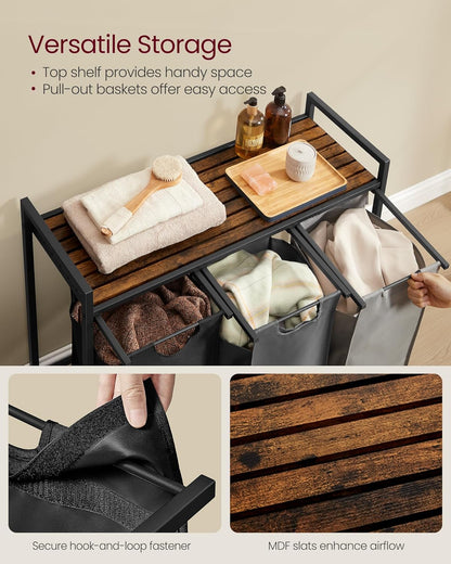 VASAGLE Laundry Hamper, Laundry Basket Sorter with 3 Pull-Out and Removable Bags, Shelf, Metal Frame, 3 x 10.6 Gallons (40 L), 36.4 x 13 x 28.4 Inches, Cappuccino Beige and Natural Beige UBLH301LH01
