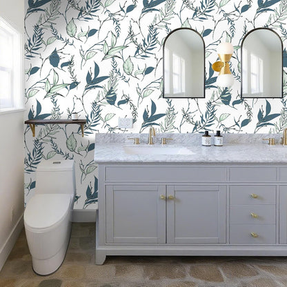 Sage Green and Blue Leaf Peel and Stick Wallpaper Modern Removable Self Adhesive Waterproof Renter Friendly Wall Covering for Bathroom and Accent Walls 17.7in x 88.5in