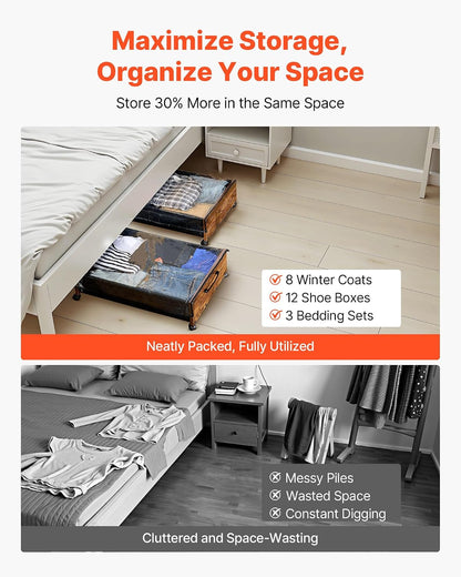 VEVOR Under Bed Storage with Wheels, 36.0 x 18.1 x 7.3 inch, Underbed Containers with Clear Lid, Underbed Shoe Organizer, Rolling Under the Bed Storage Bins for Clothes Shoes Blankets Bedroom, 2 Pack