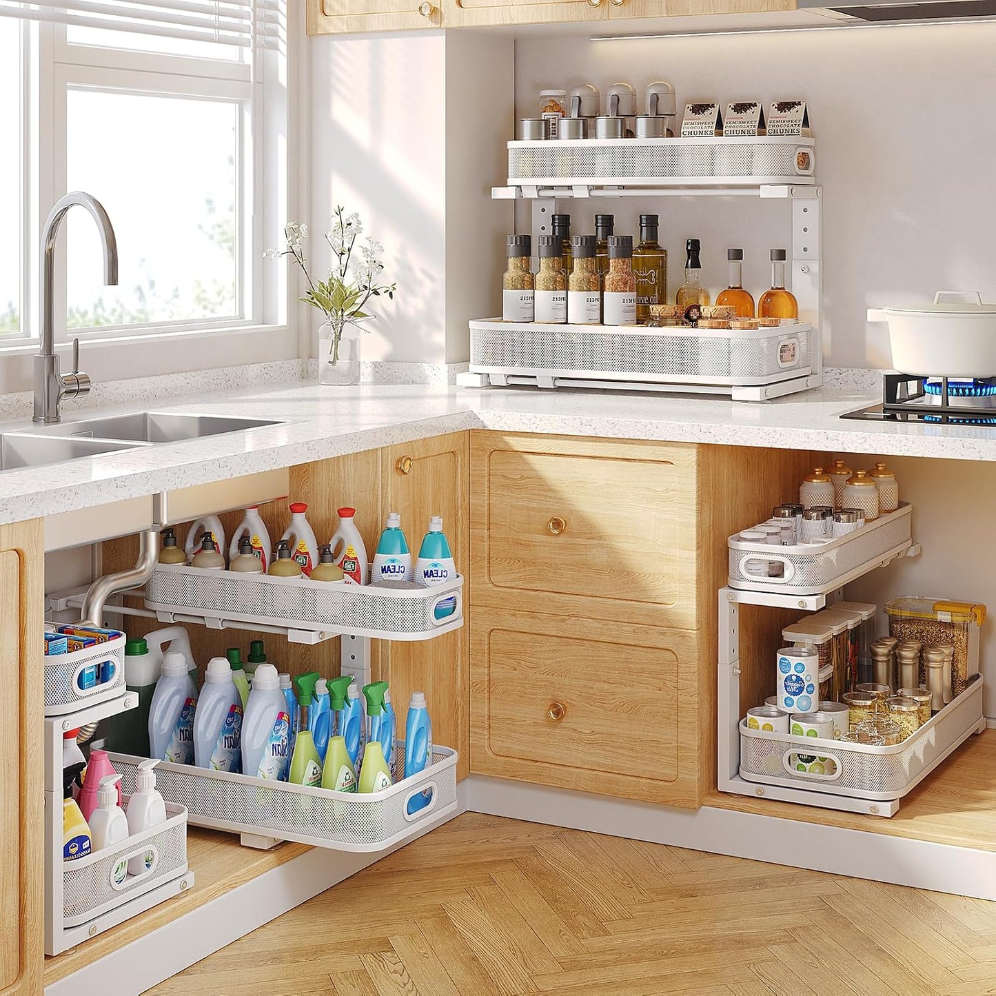 2 Pack Under Sink Organizer With Smooth Cylindrical Rail,2-Tier Pull Out Multi-Purpose Cabinet Storage for Bathroom&Kitchen,Height Adjustable,Rust-resistant Coating-White