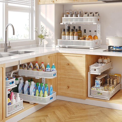 2 Pack Under Sink Organizer With Smooth Cylindrical Rail,2-Tier Pull Out Multi-Purpose Cabinet Storage for Bathroom&Kitchen,Height Adjustable,Rust-resistant Coating-White