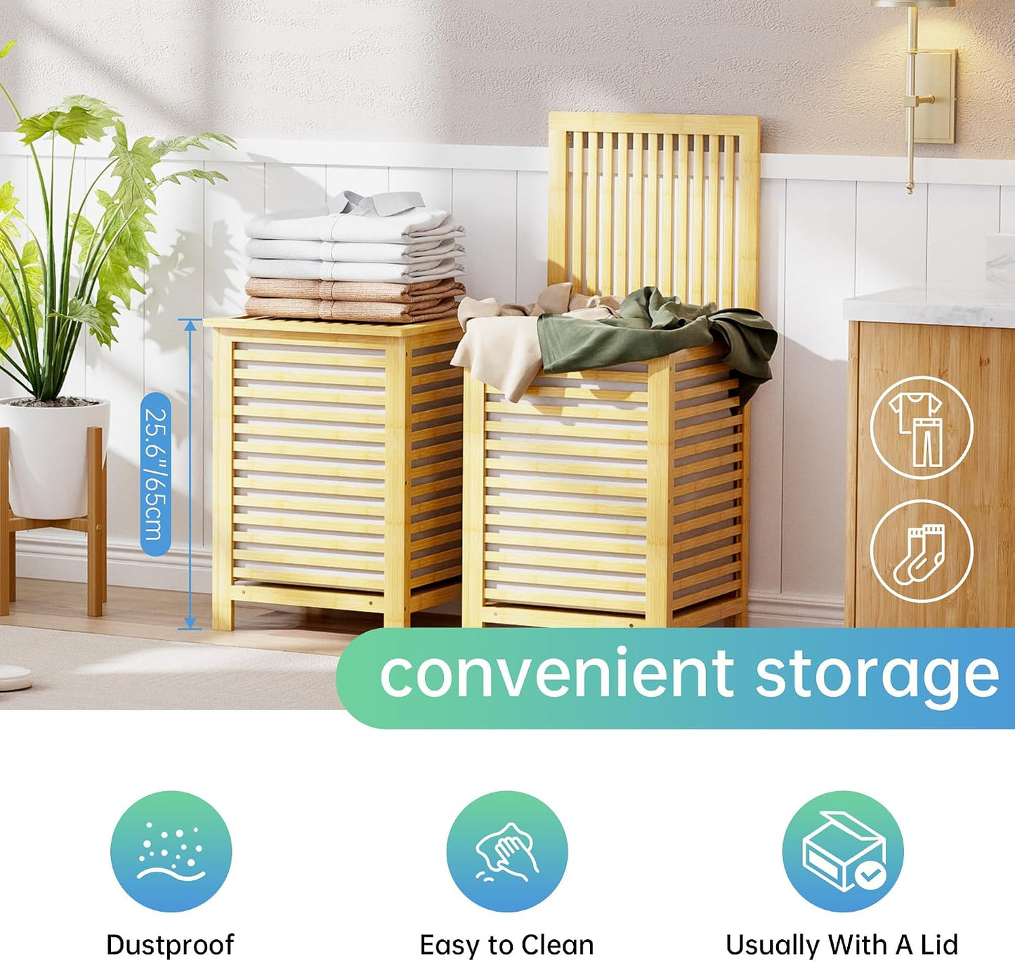 SMIBUY Double Laundry Hamper with Lid, 120L Bamboo Laundry Basket with Removable Liner Bag, 2-Section Clothes Divider Laundry Sorter for Laundry Room, Bathroom, Bedroom (Walnut)