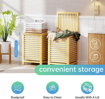SMIBUY Double Laundry Hamper with Lid, 120L Bamboo Laundry Basket with Removable Liner Bag, 2-Section Clothes Divider Laundry Sorter for Laundry Room, Bathroom, Bedroom (Walnut)