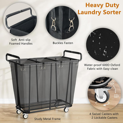 Gewudraw Large laundry hamper with Wheels, 3 Bag Big Rolling Laundry Hamper Sorter Cart, Extra Large Laundry Clothes Hamper, Heavy Duty Laundry Basket Organizer for Laundry Room,Bathroom,Black