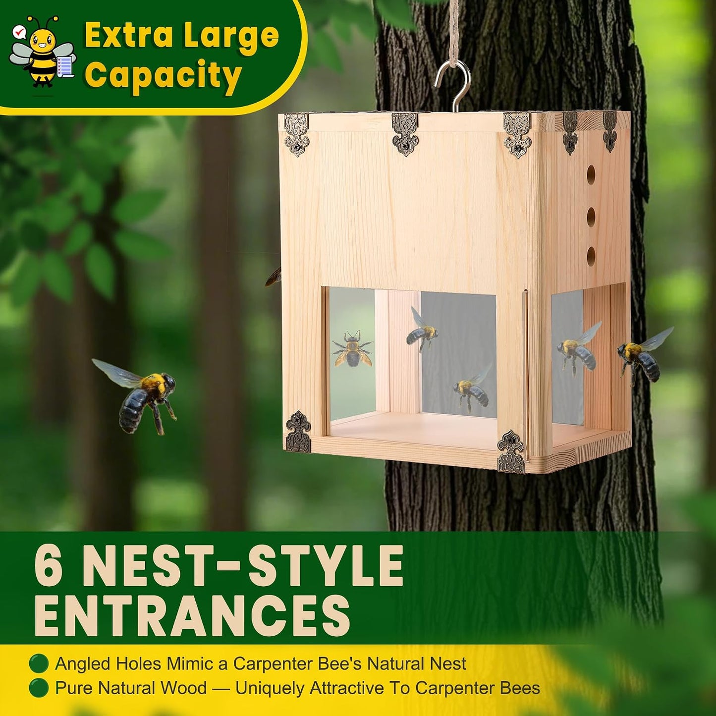 1 Pack Extra Large Carpenter Bee Trap for Outside, 2 in 1 Catch & Release Wood Bee Traps Outdoor Hanging, Timber-Fixed Expanded External Containment, Defender Trap for Bees Collection