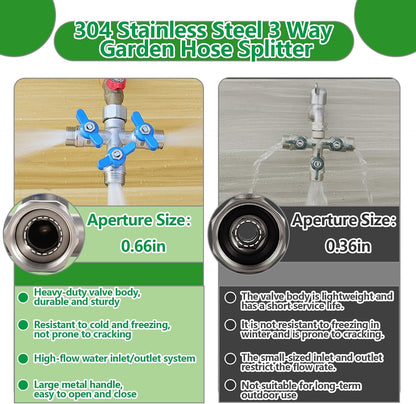 304 Stainless Steel Garden Hose Splitter 2 Way Heavy Duty, Full Flow Hose Y Splitter with Long Handle,Lead-free Y Valve Water Garden Hose Adapter,3/4" GHT Threads