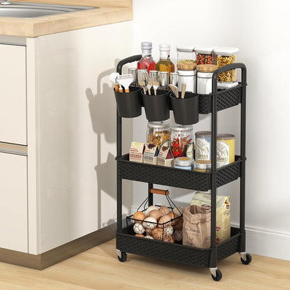 MOYIPIN 3-Tier Plastic Rolling Utility Cart with Handle,Utility Storage Cart for Office, Living Room, Kitchen,Movable Storage Organizer Shelves,White