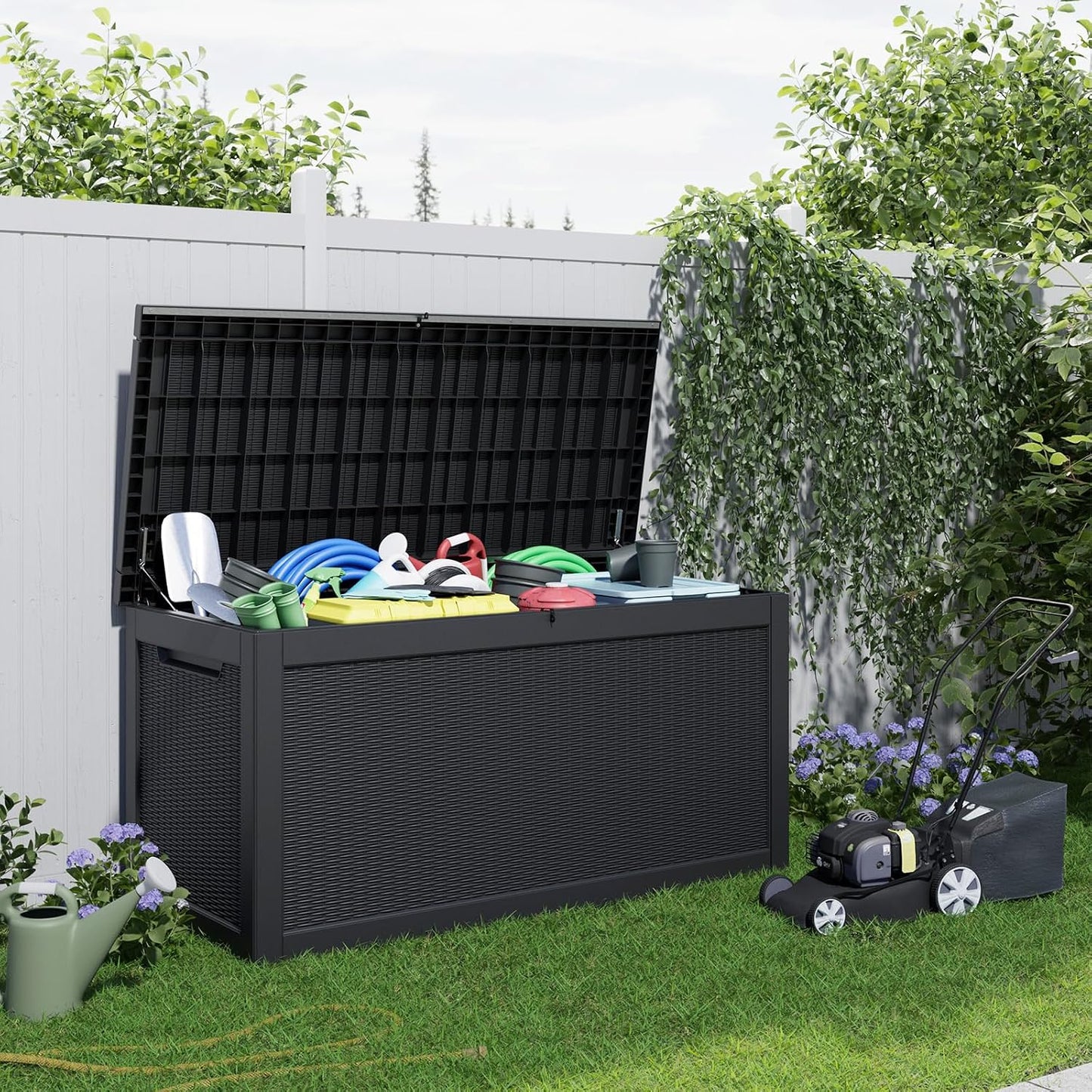 PatioZen 100 Gallon Resin Deck Box, Lockable Patio Outdoor Storage Box for Furniture, Garden Tools and Tools Storage, Waterproof Outside Storage Boxes - Black
