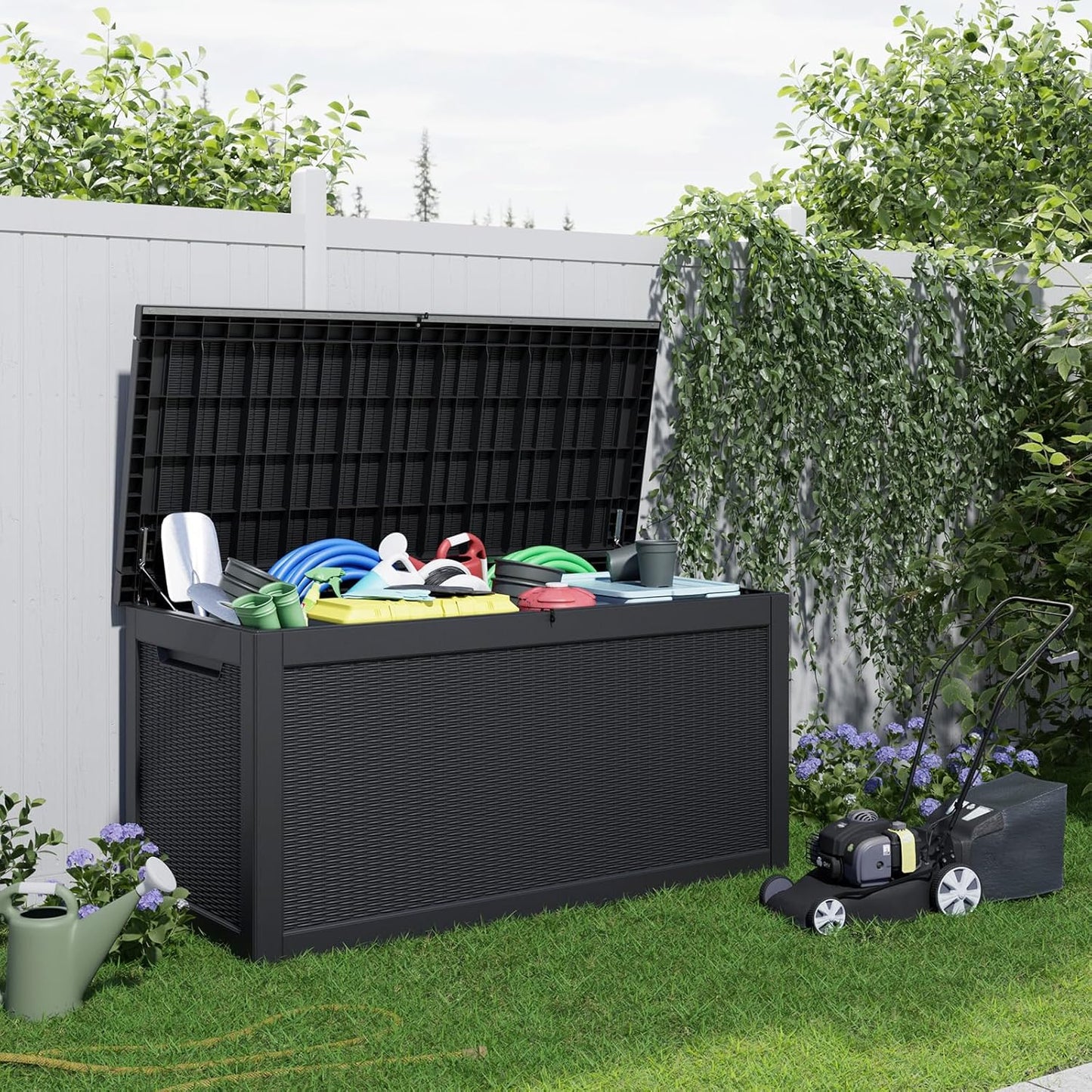 DRATO 35 Gallon Outdoor Storage Box Waterproof, Resin Small Deck Box for Patio Furniture Bench, Pool Garden Tools, Weatherproof Outside Storage Bin for Backyard Porch (Black, 35 Gallon)