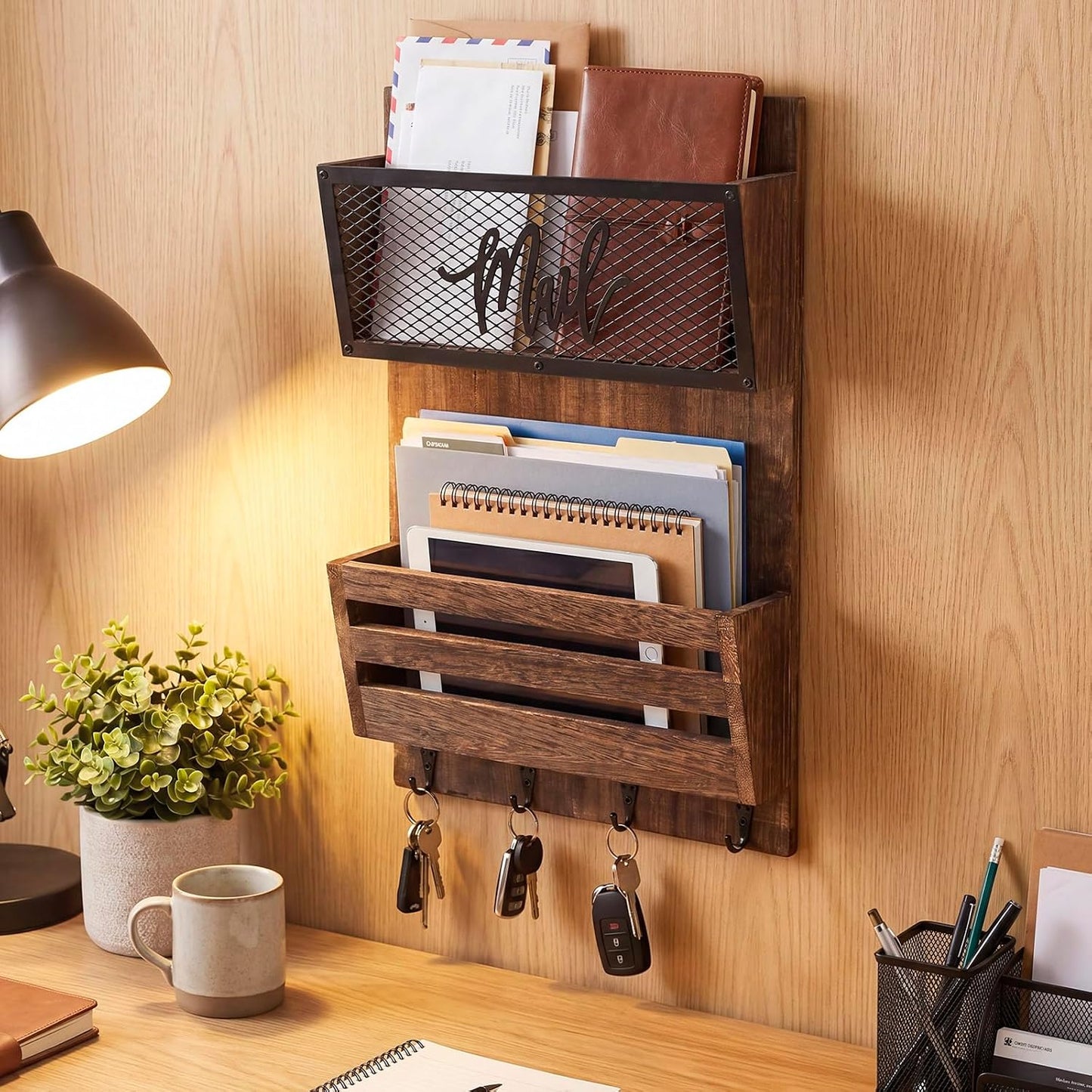 Yalikop Farmhouse Mail Organizer Wall Mounted Rustic Mail Holder Hanging Key Sorter with 3 Hooks Indoor Wooden Wall Mounted, Letter, Magazines, Newspapers, Keys(Classics,Brown)