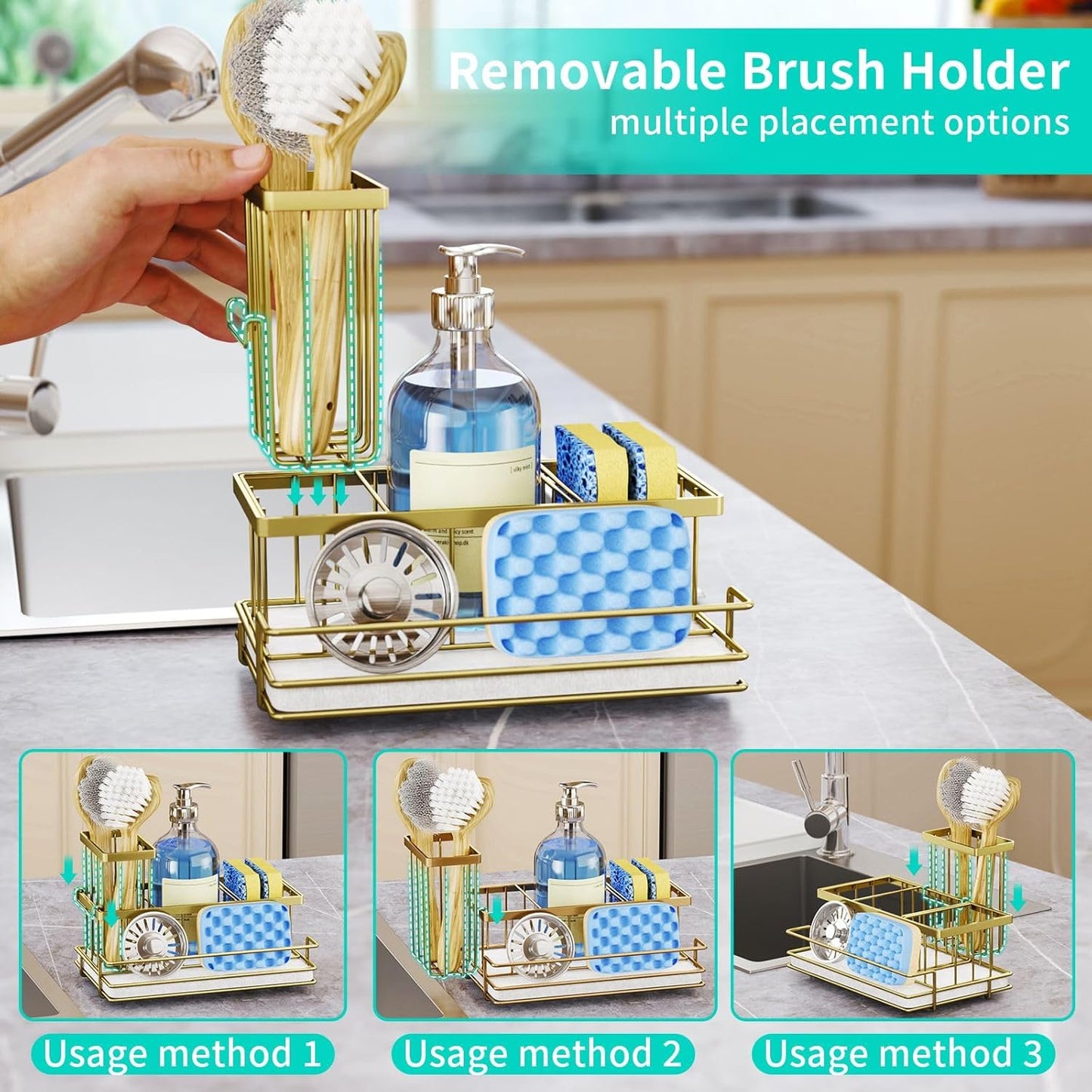 HapiRm Sink Caddy Sponge Holder - Kitchen Sink Organizer with Instant Drying Stone and Brush Holder, Stainless Steel Sponge Caddy for Kitchen Countertop - Black