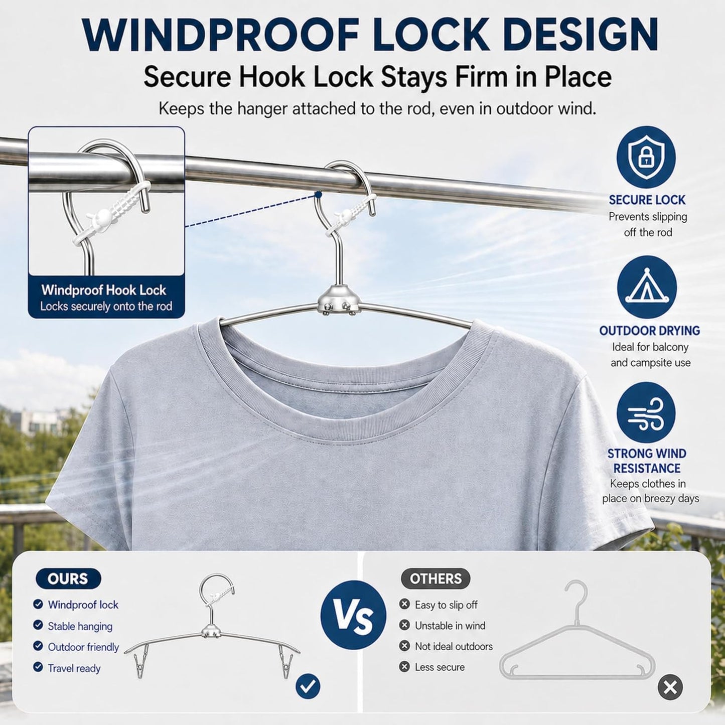 ROOM127 Travel Hangers with Clips, 5 Pack Foldable Stainless Steel Hangers | Windproof Non-Slip Portable Clothes Hangers for Cruise, Camping, RV, Hotel, Suitcase, Silver