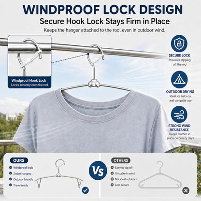 ROOM127 Travel Hangers with Clips, 5 Pack Foldable Stainless Steel Hangers | Windproof Non-Slip Portable Clothes Hangers for Cruise, Camping, RV, Hotel, Suitcase, Silver