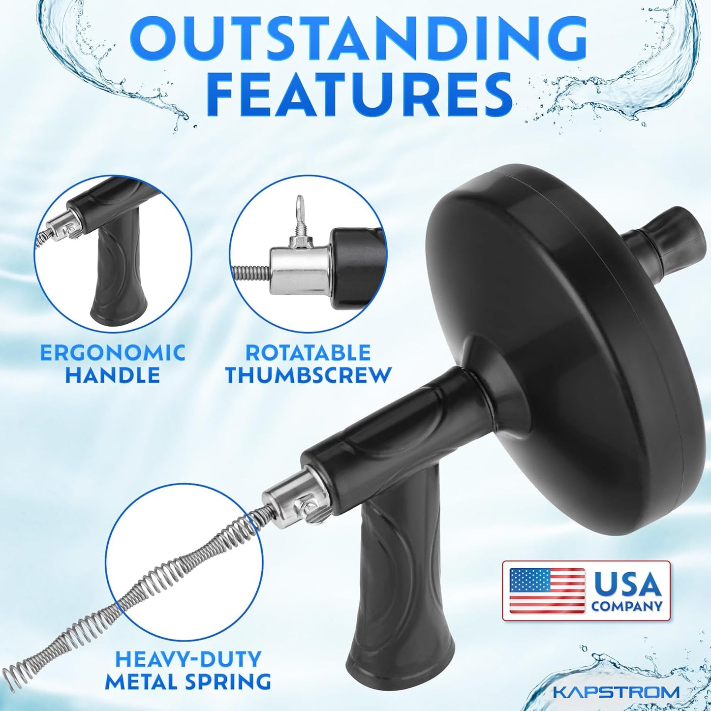 Plumbing Drain Snake (Spiral Diameter 0.5 inch / 1.3 cm), Hair Clog Remover Tool for Toilet, Heavy-Duty Drain Auger for Kitchen & Bathroom Sink, Pipe & Sewer Cleaner for Shower & Bathtub