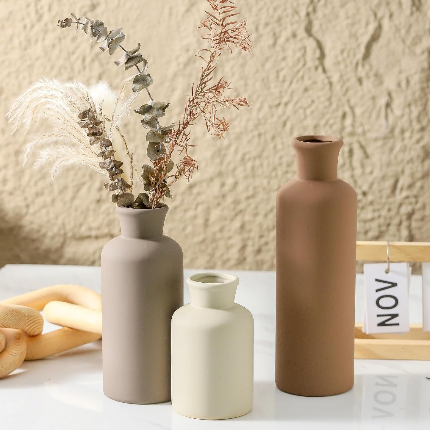 Ceramic Vase Set of 3, Decorative Vases Home Decor Modern Neutral Flower Pampass Boho Vase for Living Room, Table, Mantel, Entryway, Bookshelf, Kitchen, Bedroom, Bathroom - White