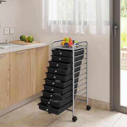 Yaheetech 4-Drawer Rolling Storage Cart with Wheels, Slim Organizer, Black | Four drawers plus a top shelf organize craft to bath gear; slim chrome-steel frame, plastic bins, locking wheels, easy setup.