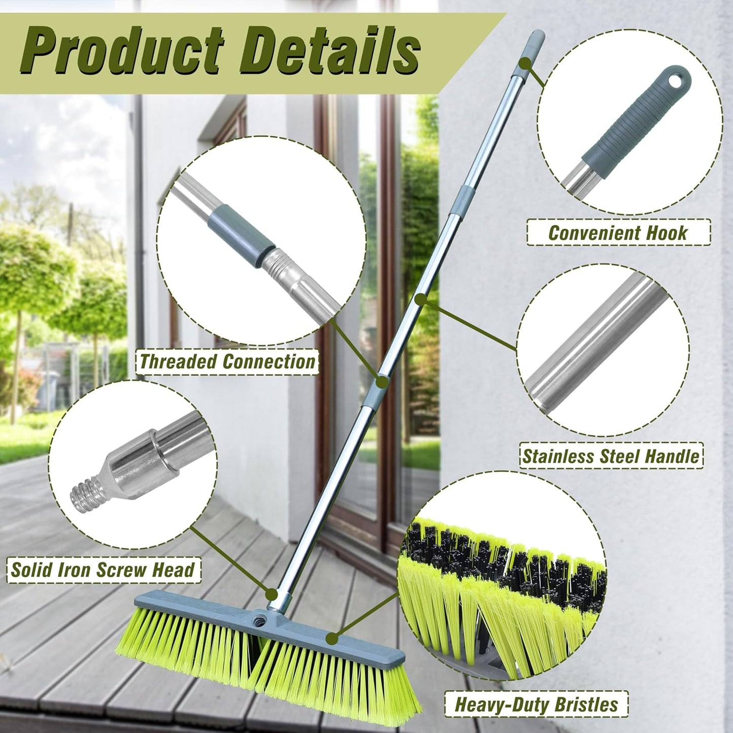 Upgraded 18" Push Broom with Adjustable Long Handle, Total Length is 55", Multi-Surface Floor Scrub Brush for Cleaning Deck, Patio, Garage, Driveway