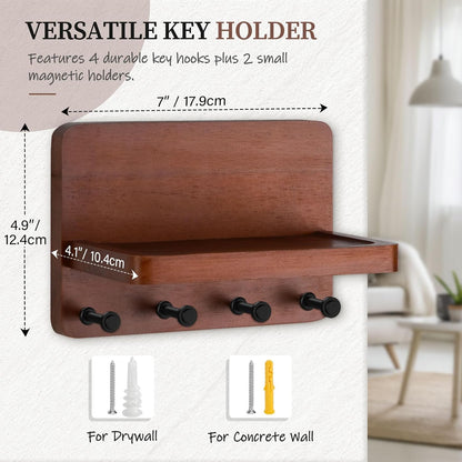 Nekon Key Holder for Wall with Shelf, Pine Wooden Key Hanger Wall Mounted, Farmhouse Wall Organizer for Home Entryway & Apartment (Standard, Wood)