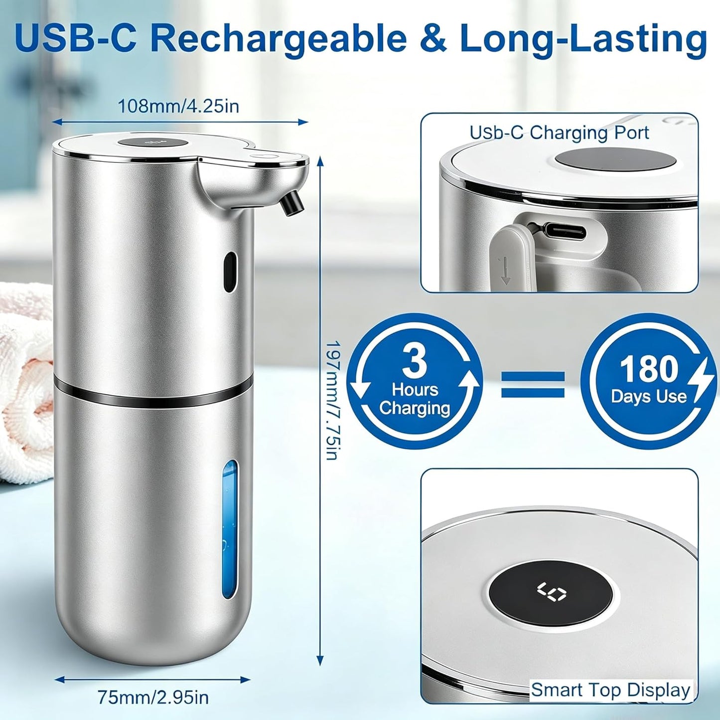 Automatic Soap Dispenser, Hand Soap Dispenser 12.8oz/380ml Smart Rechargeable, Liquid Touchless Soap Dispensers with 6-Level, Wall Mounted or Countertop Dish Soap Dispensing for Bathroom & Kitchen
