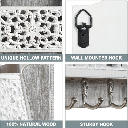 Mail Organizer Wall Mounted, 2 Slots Key Holder for Wall with 8 Hooks, Rustic Wood Key Rack with Shelf for Entryway Hallwall Farmhouse