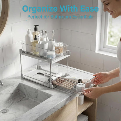 2 Pack Bathroom Organizer,2 Tier Blue Under Sink Organizers Vanity Countertop Storage Container,Cabinet Drawers Bins, Pull-Out Organization with Track for Pantry, Kitchen
