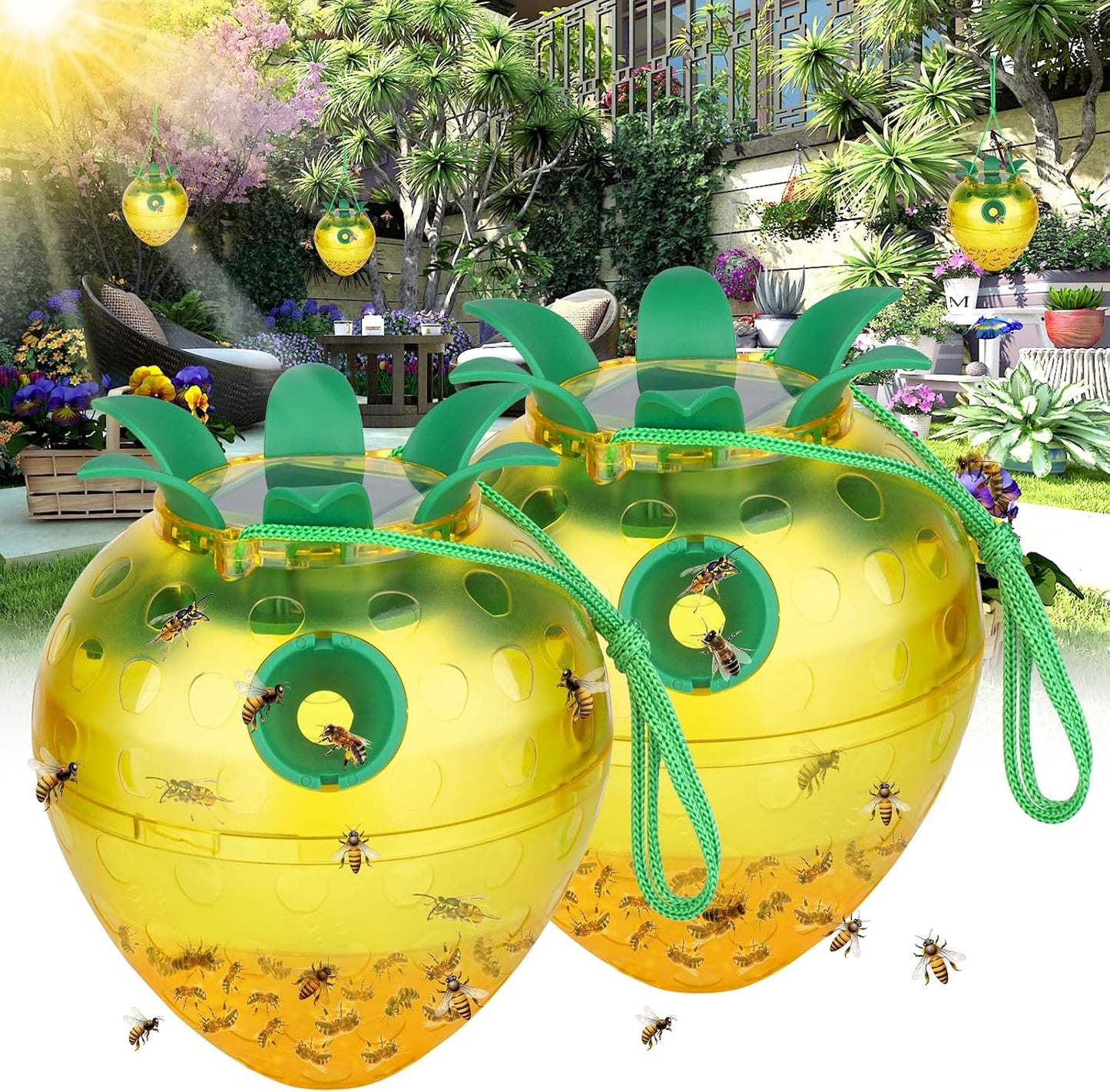Solar Power Wasp Traps Outdoor Hanging, Yellow Jacket Trap with LED Light for Trapping Hornet, 0908