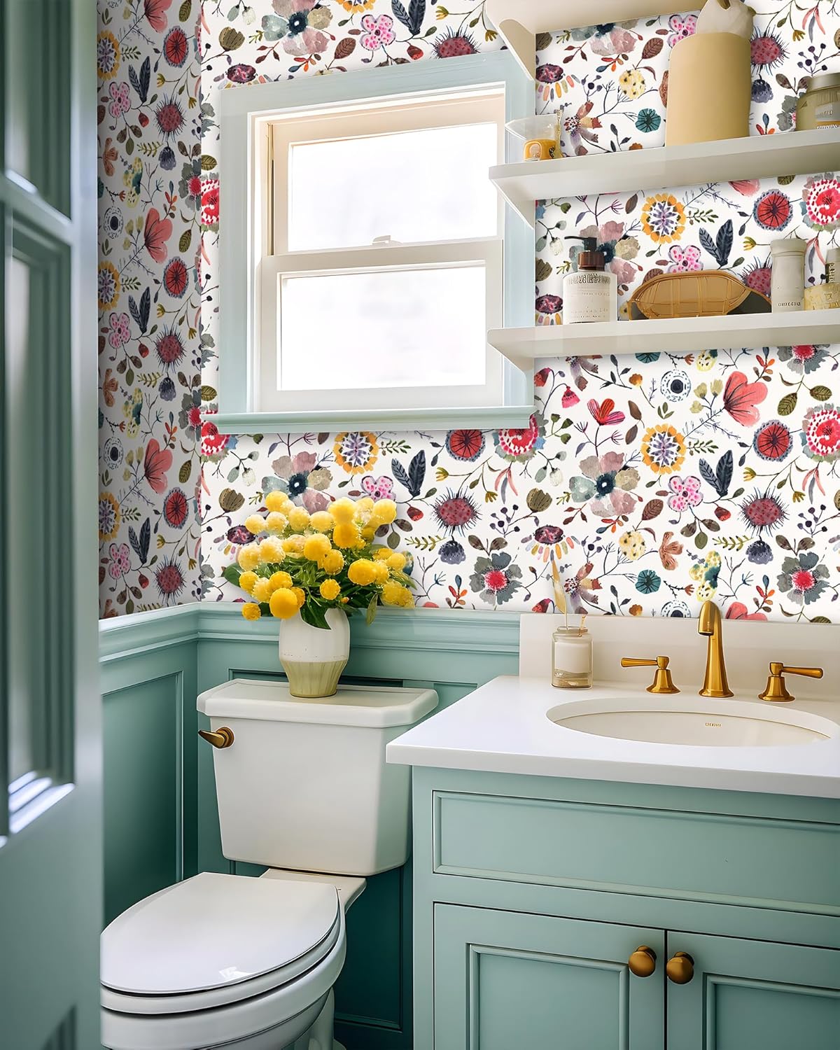 Wallpaper Peel and Stick Floral Wall Paper Removable Waterproof Gray/Yellow/Blue Contact Paper for Bedroom, Bathroom, Home Wall 17.3" x 118"