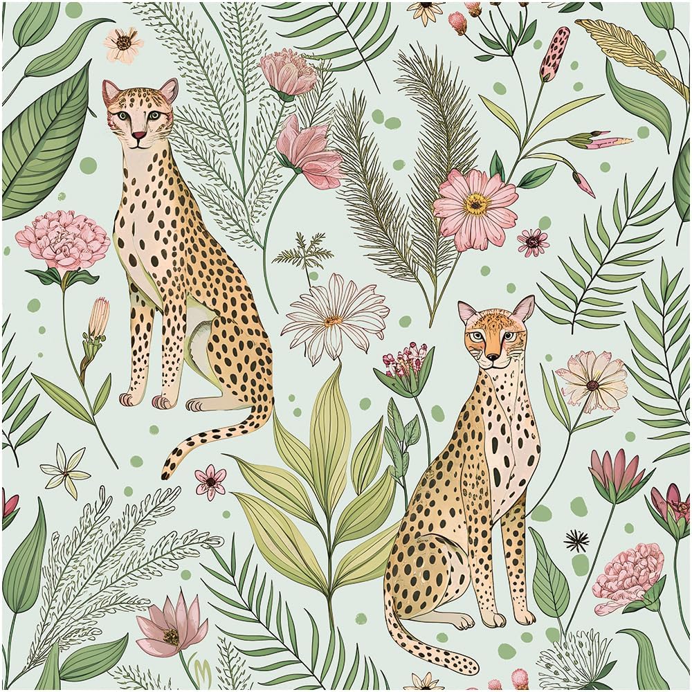 Floralplus Peel and Stick Wallpaper Leopard Jungle Removable Wallpaper for Bathroom Renter Friendly Wallpapers Self Adhesive Animal Floral Contact Paper for Accent Wall 17.5 x 118 in