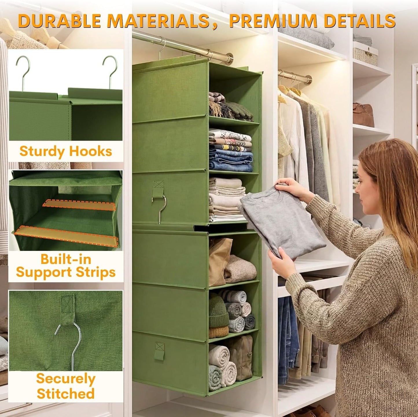 Extra Deep Hanging Closet Organizers and Storage, 2 Pack 3-Shelf | Separable Hanging Shelves with Linen Texture, Foldable & Space-Saving, For Clothes, Handbags, Hats, Closet, Dorm, RV, Green
