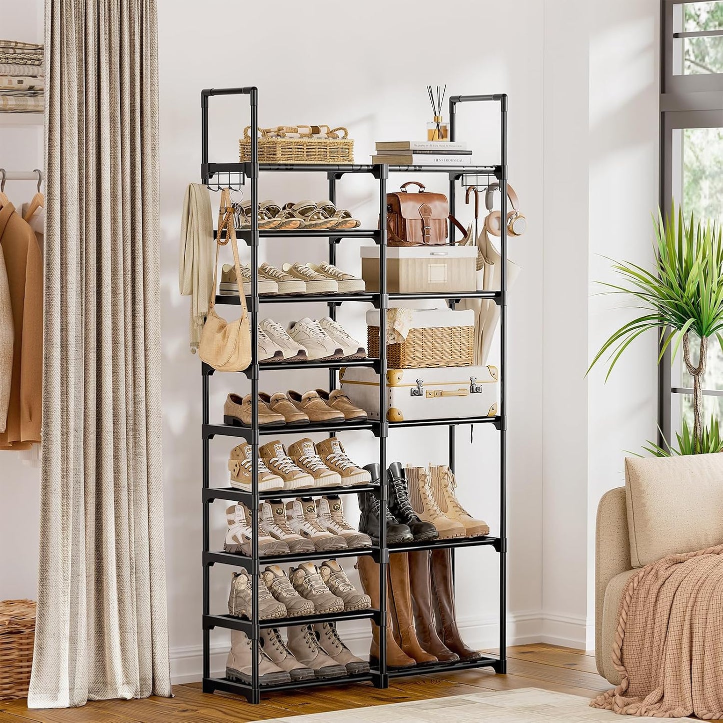 WOWLIVE 9 Tiers Large Shoe Rack Storage Organizer for Closet 50-55 Pairs Shoe Tower Unit Shelf Stackable Shoe Rack with Metal Pipes Plastic Connectors Black(SSS3B9)