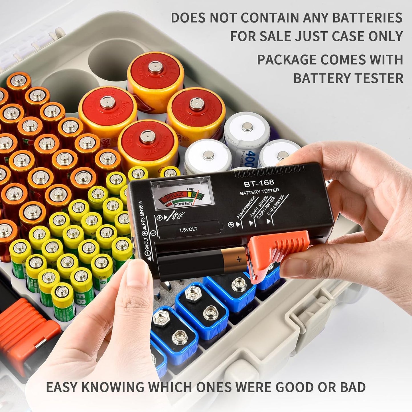 Battery Organizer Storage Case with Tester for 269 Batteries, Double Sides | Plastic, For AA AAA 4A C D Cell 9V 3V LR44 CR2 CR123 CR1632 18650 Button, Wall/Drawer, For Families/DIY/Home/Garage, Grey