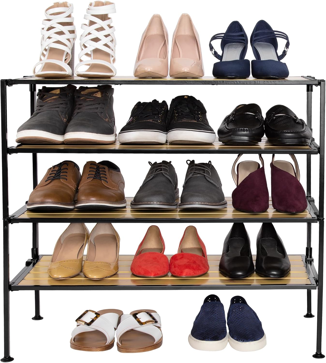 Seville Classics Sturdy Freestanding Storage Shelf for Bedroom, Closet, Entryway, Dorm Room Organizer Stackable Durable Metal Shoe Rack Ash Gray Slat, 3-Tier