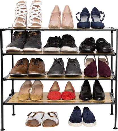 Seville Classics Sturdy Freestanding Storage Shelf for Bedroom, Closet, Entryway, Dorm Room Organizer Stackable Durable Metal Shoe Rack Ash Gray Slat, 3-Tier
