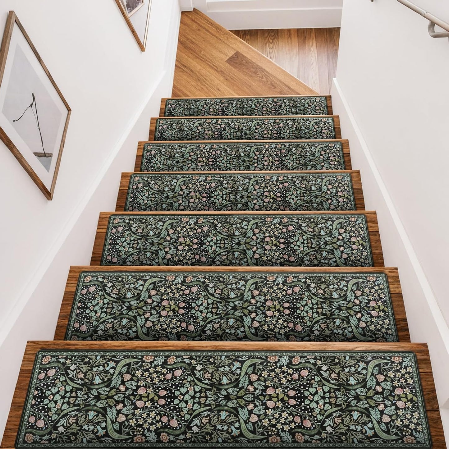 OJIA Floral Stair Treads Non-Slip Stair Runner for Wooden Steps Indoor 15PCS 30"x8" Carpet Stair Treads Stair Mats Staircase Step Treads for Kids, Elders and Dogs, Stair Covers, Black