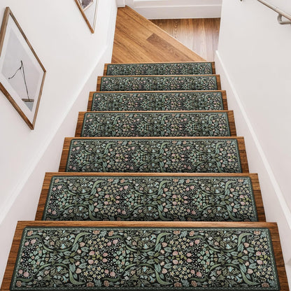 OJIA Floral Stair Treads Non-Slip Stair Runner for Wooden Steps Indoor 15PCS 30"x8" Carpet Stair Treads Stair Mats Staircase Step Treads for Kids, Elders and Dogs, Stair Covers, Black