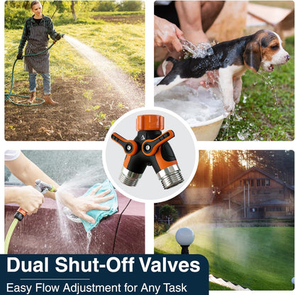 DBR Tech® Hose Splitter 2 Way, Heavy Duty Metal Connector, Two Way Garden Hose Splitter, High Flow Spigot Faucet Bib Adapter, Solid Double Y Shut Off Valve for Outdoor Gardening Hoses, Orange