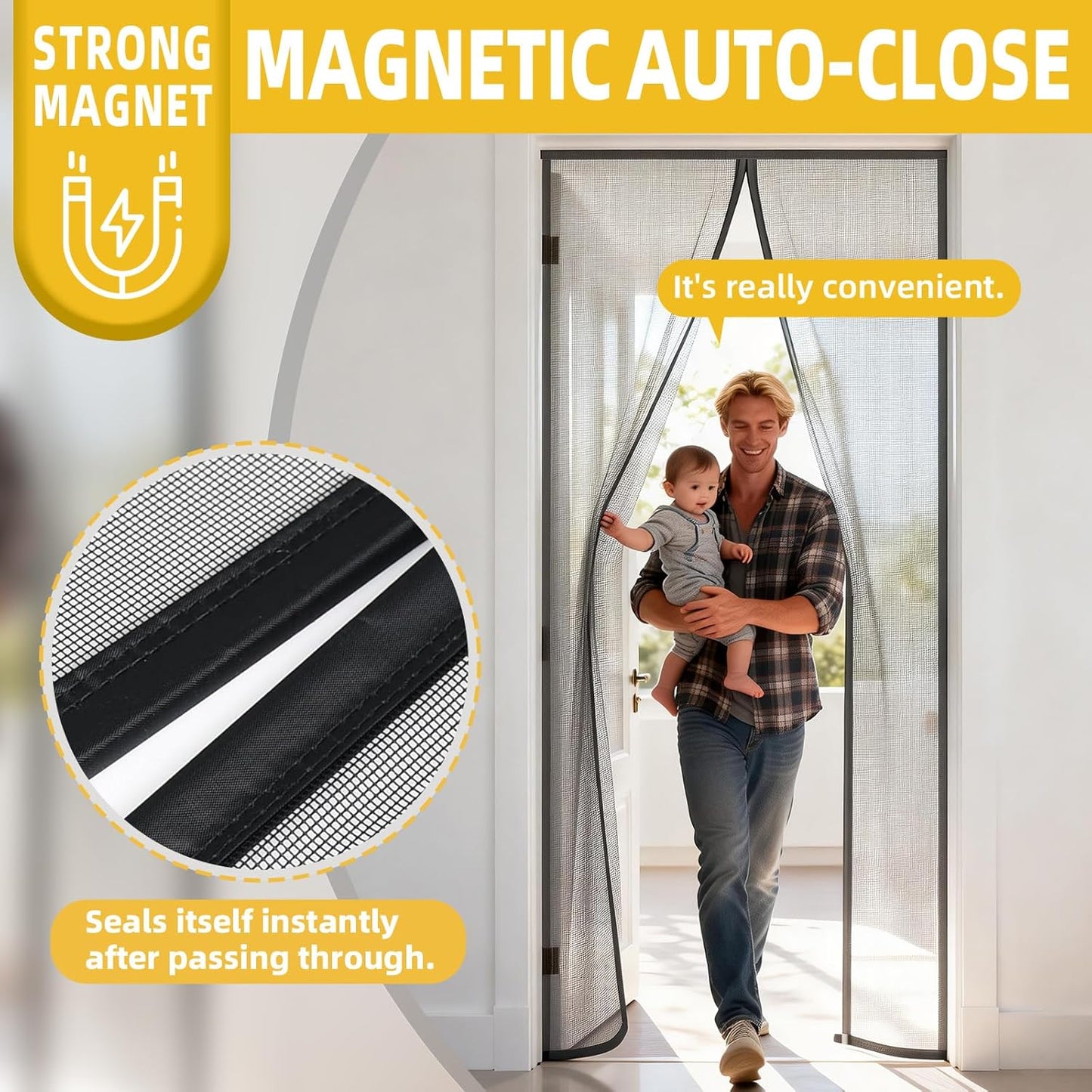 Magnetic Screen Door - 38"x83" Heavy Duty Mesh for Entry Front Back Patio Sliding Door, Self Sealing Hands Free, Bug Proof, Windproof Clips, No Drill Easy Install, Pet & Child Friendly, Black