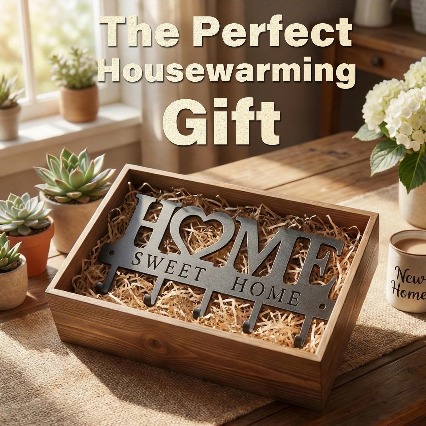 Key Holder for Wall with 5 Hooks, Wall Mounted Metal Key Rack Organizer, Home Sweet Home Heart Decor Key Hooks for Entryway, Mudroom, Kitchen, Dog Leashes, Coats, Housewarming Gift, Black