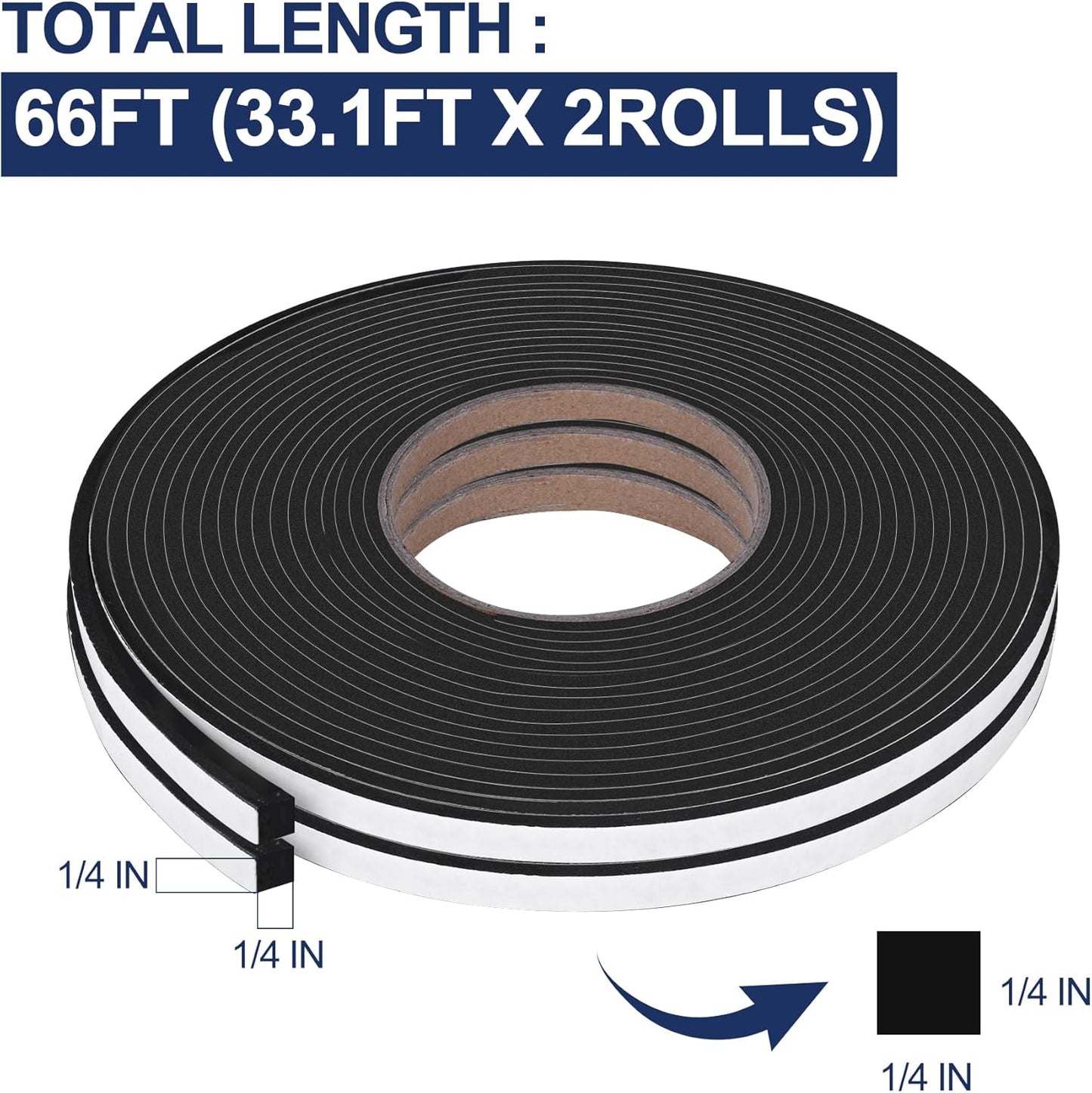 66Ft Foam Tapes Self Adhesive Foam Seal Strips 1/2In x 1/8In x 33.1Ft Each Roll Weatherstrips High Resilience Weather Stripping Door Seals for Door Soundproofing, Window Insulation (2R, White)
