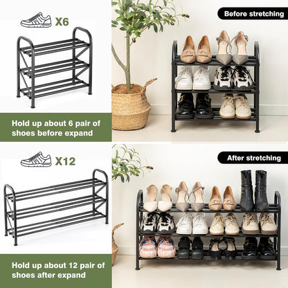 4-Tier Expandable Shoe Rack, Stackable and Adjustable Shoes Organizer Storage Shelf, Sturdy and Durable Metal Structure Free Standing Shoe Rack for Closet Entryway Doorway