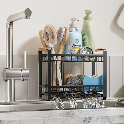Sink Caddy Organizer with Wooden Handle & Self-Draining Tray, Trapezoid Kitchen Sponge Holder with Non-Slip Suction Cups , Organizer for Sponge, Brush, Soap Dispenser for Sink and Bathroom Countertop