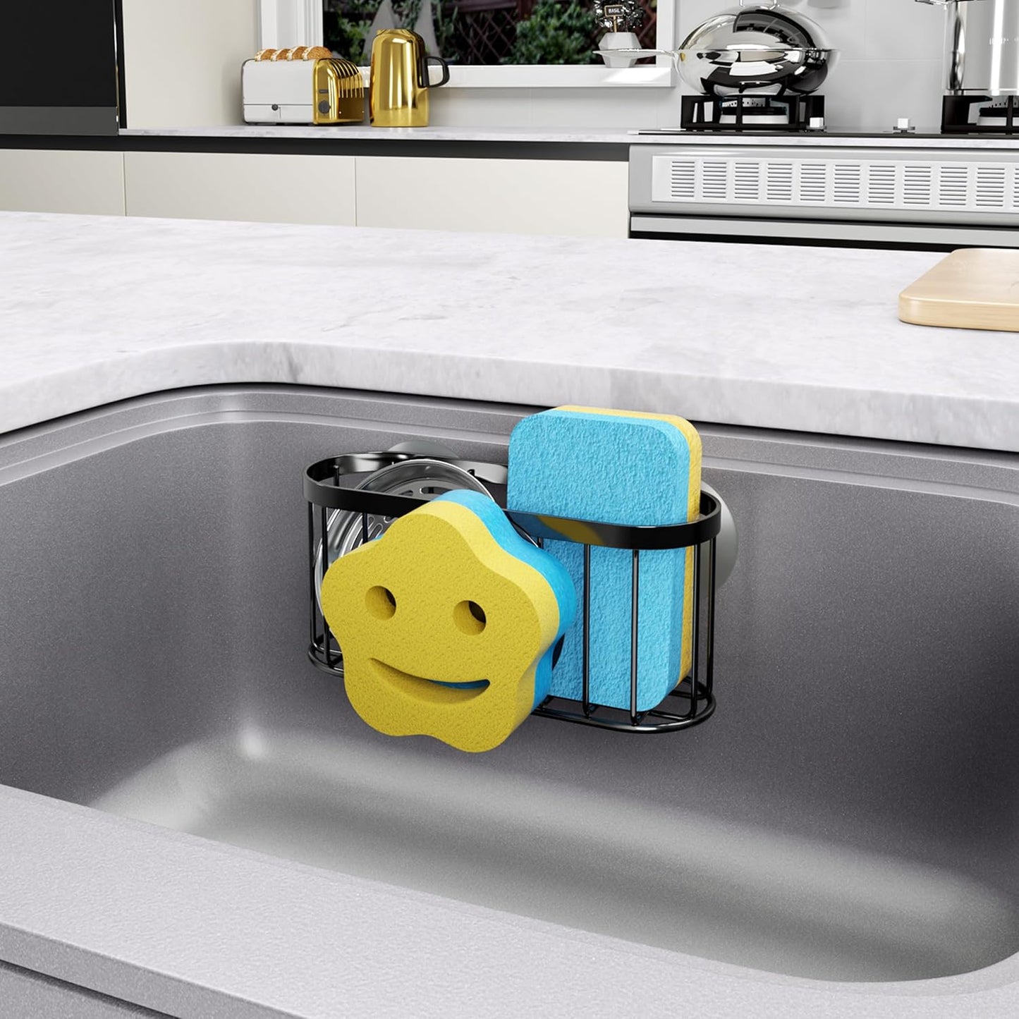 HapiRm Multifunctional Sponge Holder with Unique M-Shaped, 2 Installation Methods Kitchen Sink Caddy Organizer, Rustproof Stainless Steel Kitchen Organizers and Storage Essentials - Black